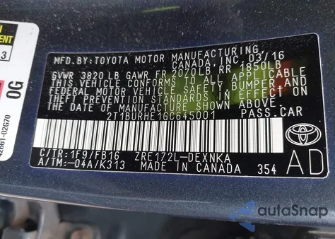 2016 Toyota Corolla Le z USA, uszkodzony, nr VIN 2T1BURHE1GC645001